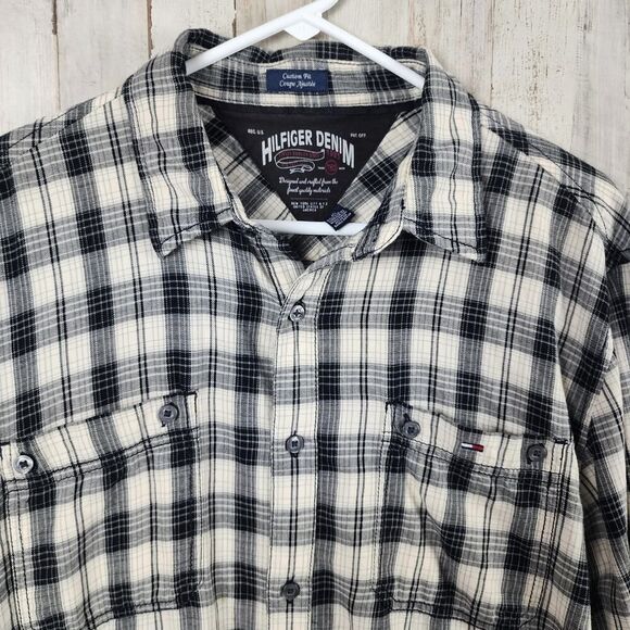 Hilfiger Denim Plaid Button Down Shirt Black White Size Large - Picture 4 of 11